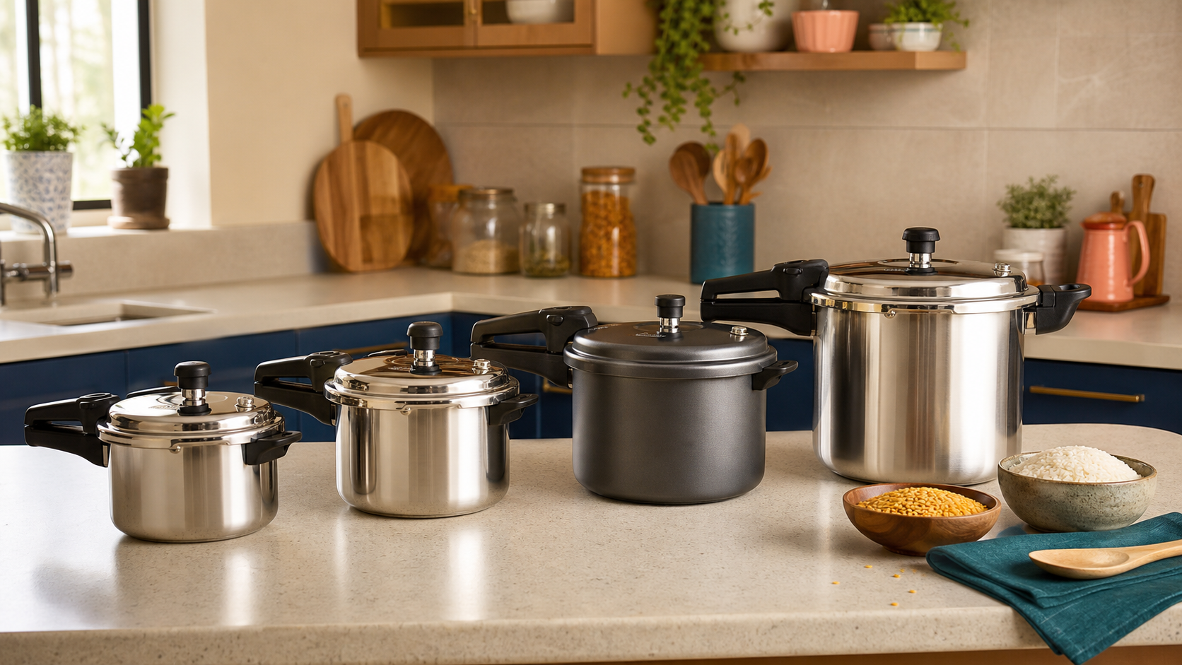 Four pressure cookers in graduated sizes on an Indian kitchen counter