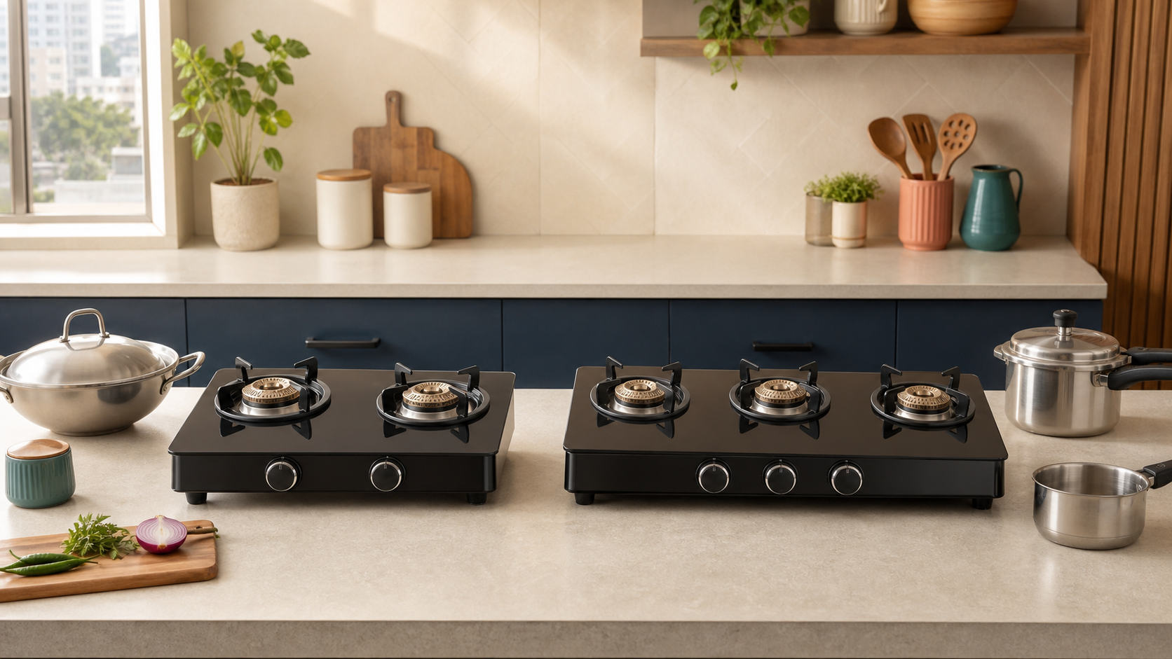 Two-burner and three-burner gas stoves compared on an Indian kitchen counter