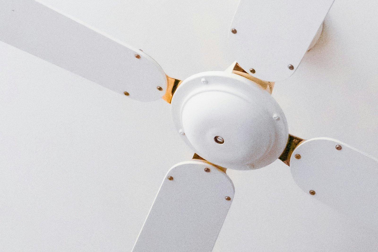White four-blade ceiling fan with brass mounts against a plain ceiling