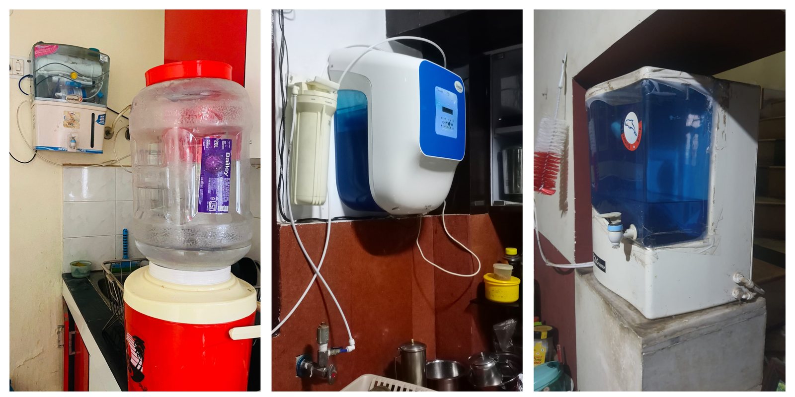Three wall-mounted and countertop RO and UV water purifiers in Indian home kitchens, next to a water dispenser bottle